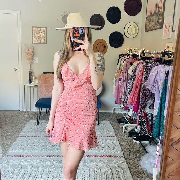All in Favor Polka Dot Ruched Ruffle Mini Dress - Picture 1 of 9